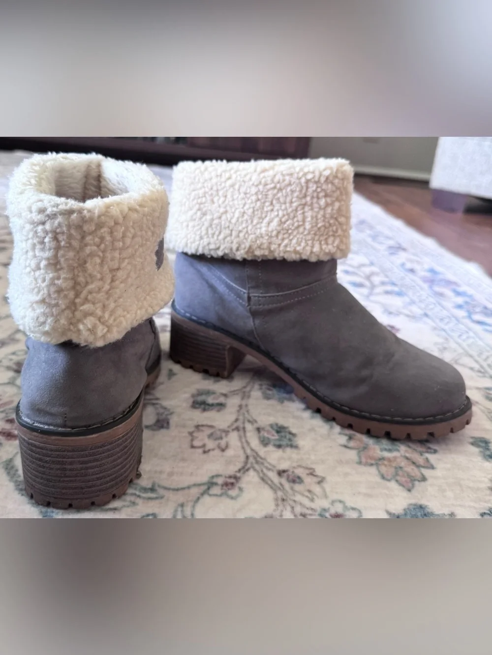 Cozy Fold-Over Ankle Booties in Gray with Cream Sherpa Cuff